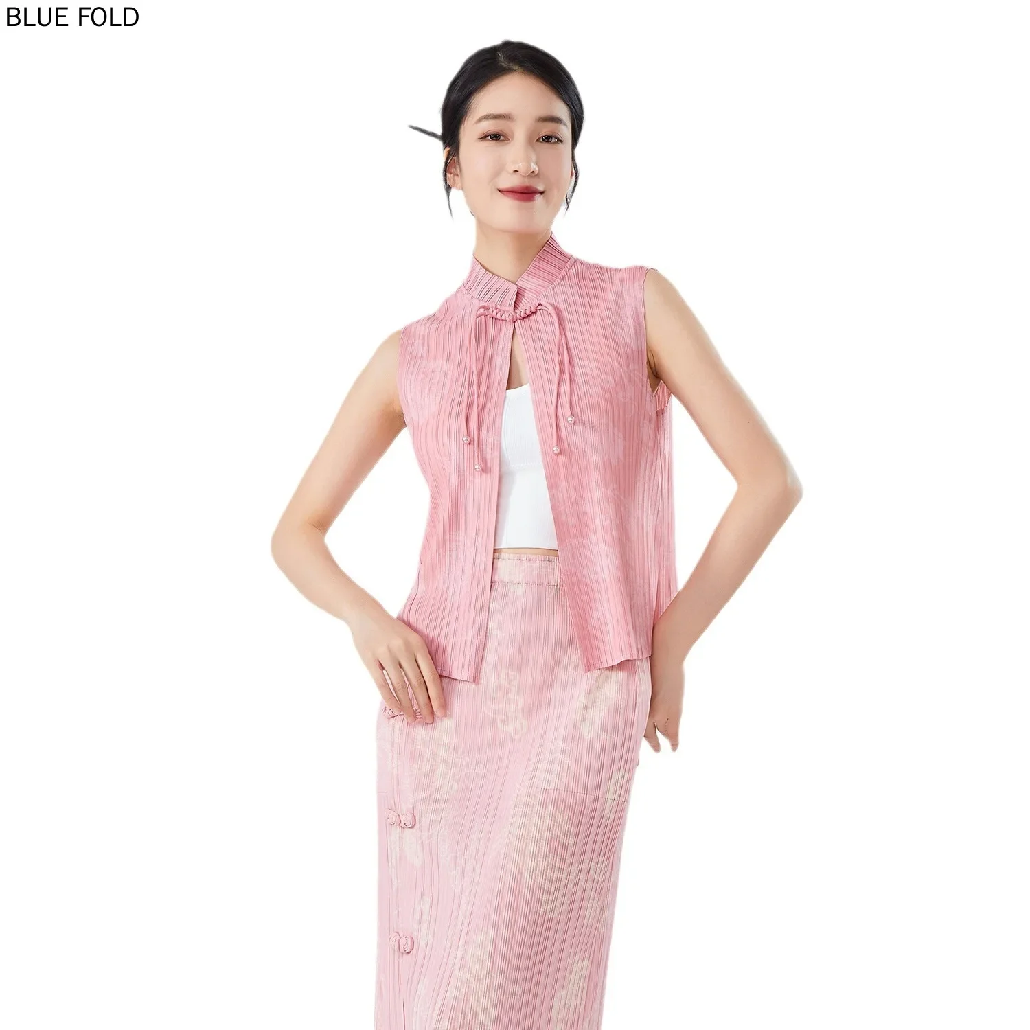 MIYAKE Temperament Stehkragen Weste für Frauen Disc Button Druck Chinesischen Stil High-end-Sommer