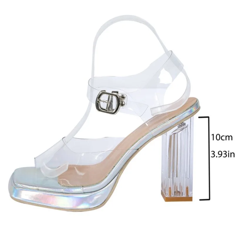 2024 Summer New High Heels for Women Rhinestone Fashion Silver Square Toe Open Toe Slippers Ladies Transparent Square Heel Shoes