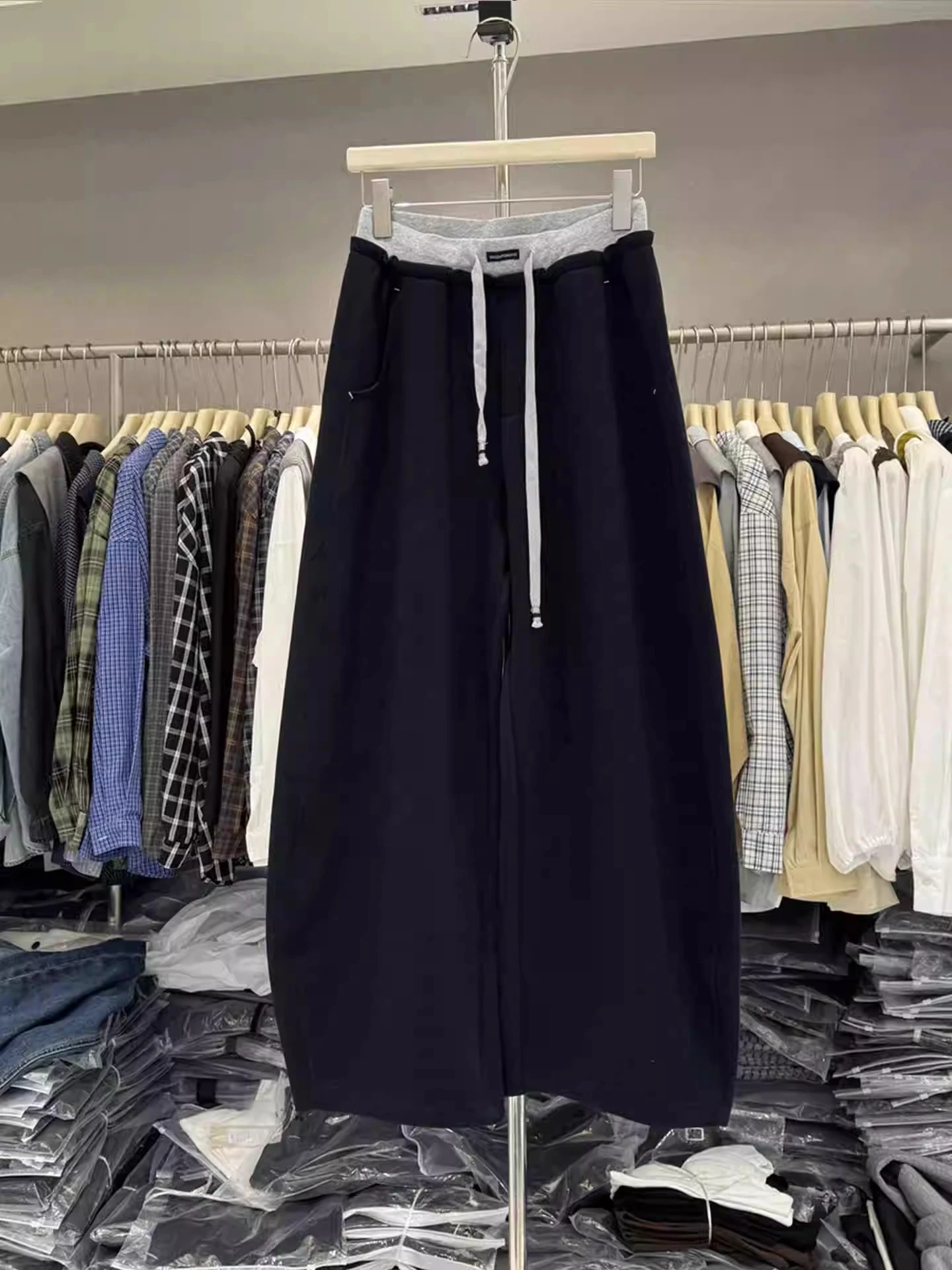 ارتفاع الخصر سكين عارضة السراويل النسائية Dstring فضفاض مستقيم الساق السراويل ل زائد حجم الكمثرى aped الجسم