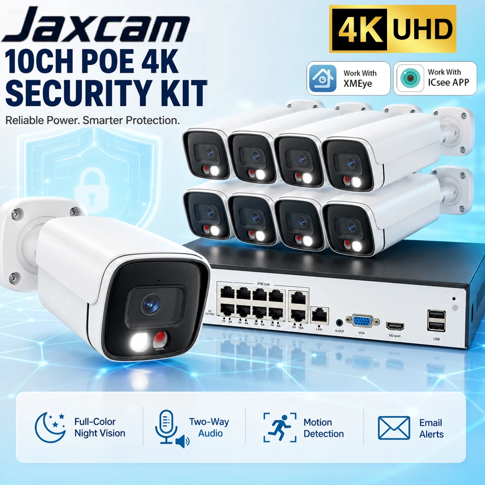 10 Channel POE Bullet Camera Security Set 8MP HD NVR Two Way Talk Full Color Night Vision Motion Alert Home Shop Monitoring Kit