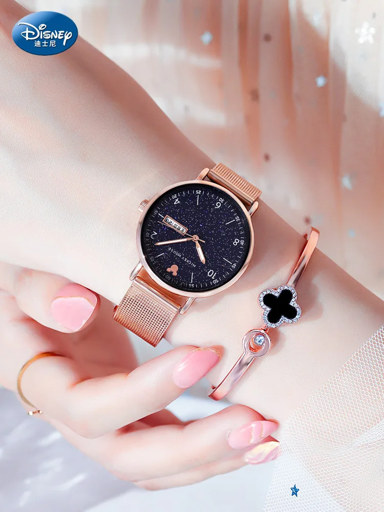 Disney Mickey Mouse Fashion Quartz Watch for Women Luminous Hands Date Week Feature Trendy Sky Stars Design Female Wristwatch