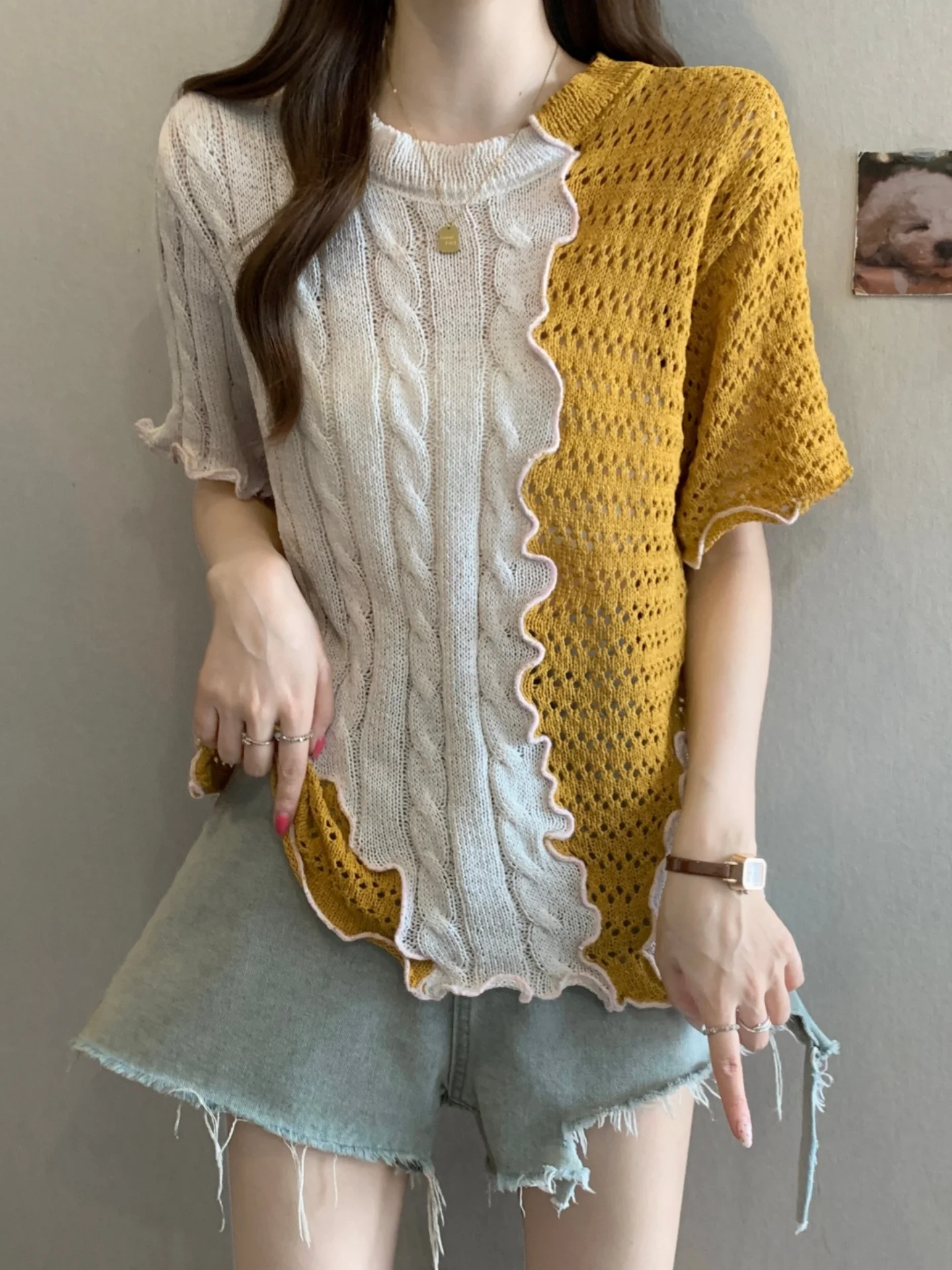 

Color Block Ice Silk Short Sleeve T-Shirt Women's Summer Base Shirt Hollow out Design Slimming Effect Daily Wear Korean Style