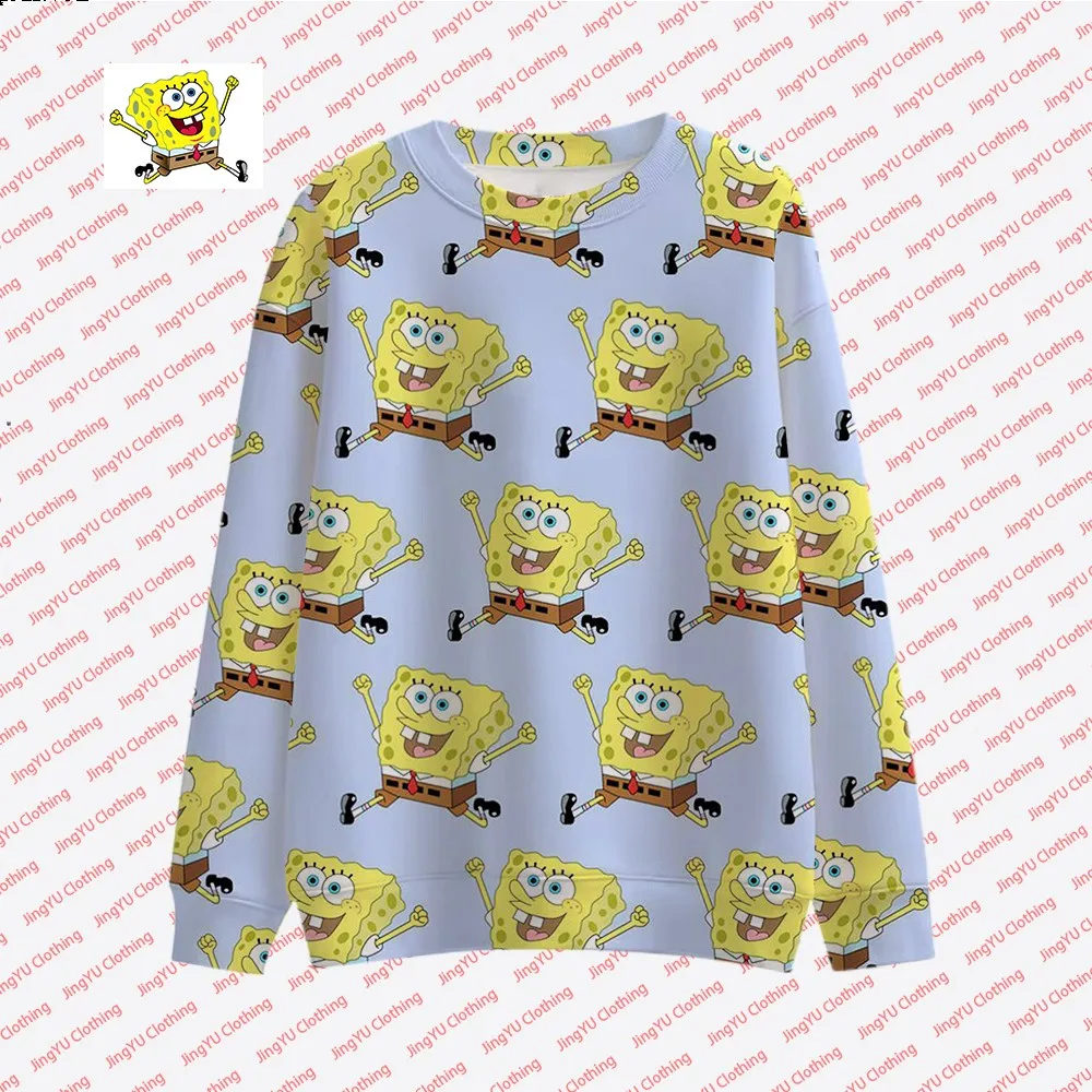 Autumn New Streetwear Pink Stars and Spongebob Cartoon Round Neck Fashion Casual Women\'s Long Sleeve Tops Children\'s Pullover