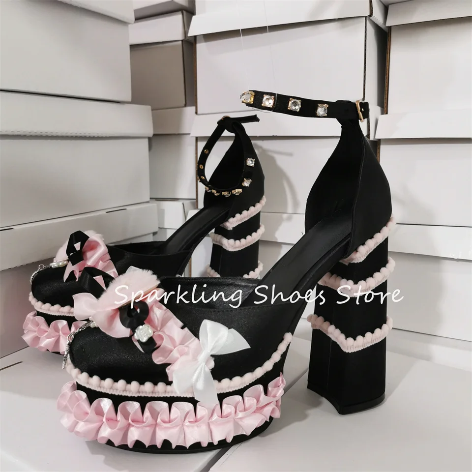 

Fashion Mixed Color Lolita High Heels Women Sandals Y2K Butterfly Knot Thick Platfrom Ankle Strap Pumps Wedding Dress Shoes