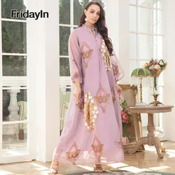 Fridayin Muslim Abaya Elegant Long Dresses for Women V-neck Color contrast Rhinestone Flared sleeve Kaftan Loose Straight Skirt