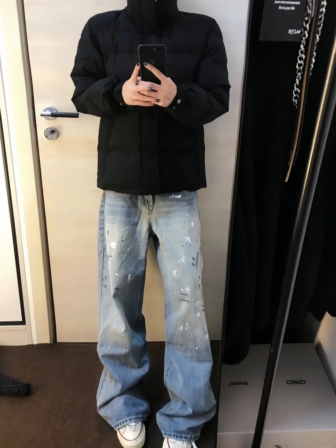 American Retro Splattered Paint Dot Men's Jeans Wide Leg Design High Street Straight Micro Flared Long Trousers Casual Wear