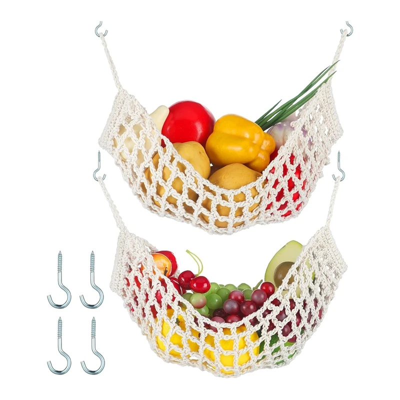 

2 Pcs Macrame Fruit Hammock For Kitchen Under Cabinet Hanging Fruit Baskets Handwoven Decorative Fruit Net Bag Easy To Use