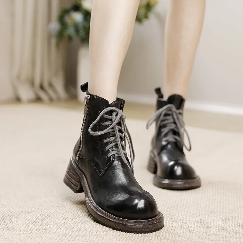 Koznoy 5.2cm New Cow Genuine Leather Vintage Punk Boots Ankle Booties Platform Wedge Women Booties Knee High Boots Chunky Heel