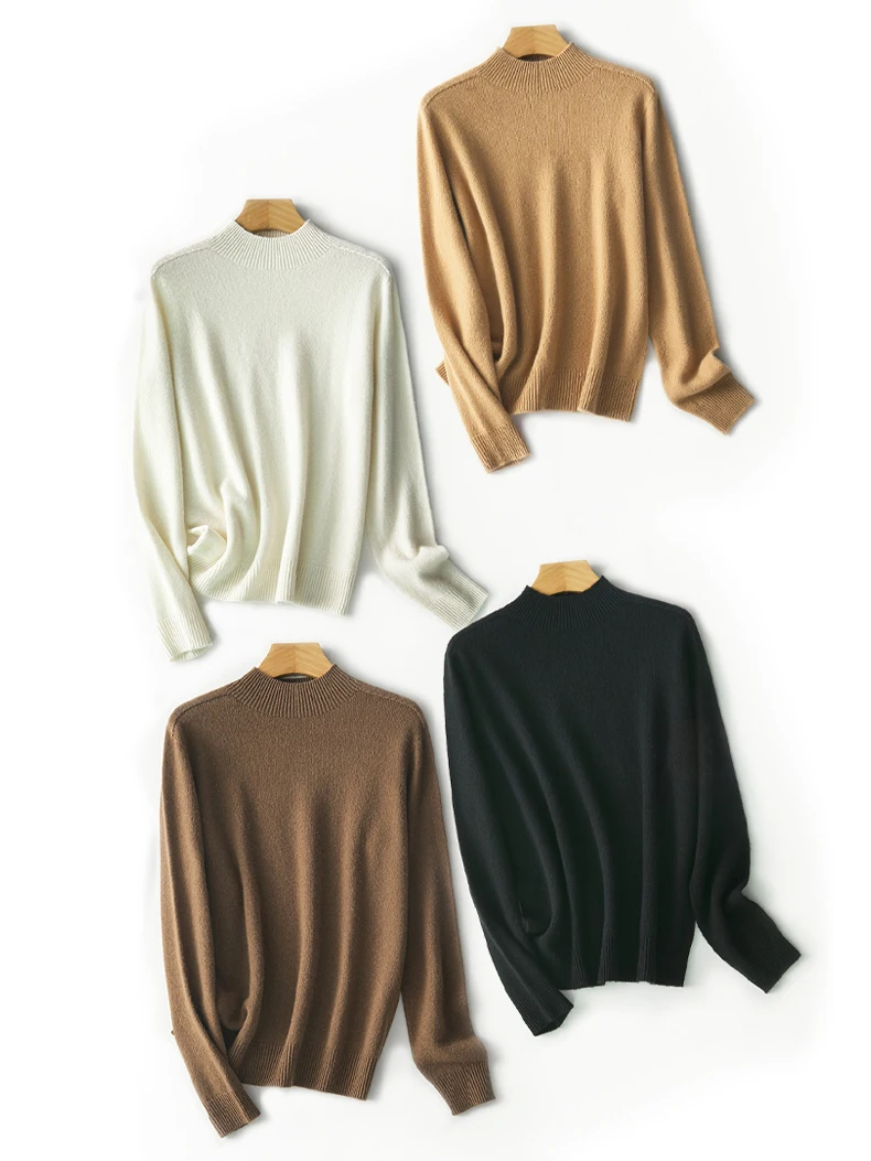 SuyaDream, Women Basic Pullovers, 100%Sheep Wool, Mock Neck, Plain Knit Sweaters, 2024 Fall Winter Warm Top, Camel, Blue