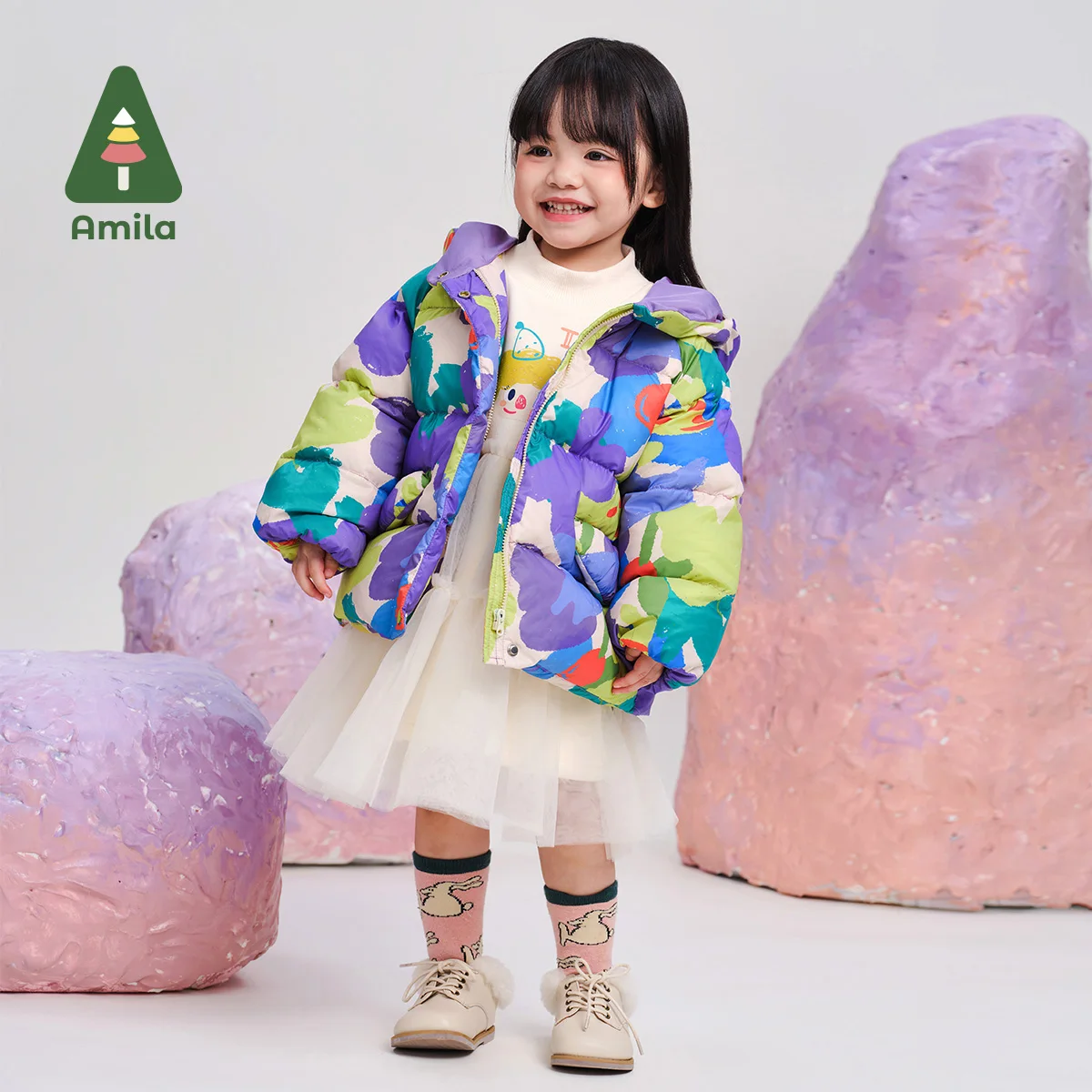 Amila Baby Down Jacket 2024 Winter New High Quality Girls Hooded Graffiti White Duck Down Warm Loose Casual Children‘s Jacket