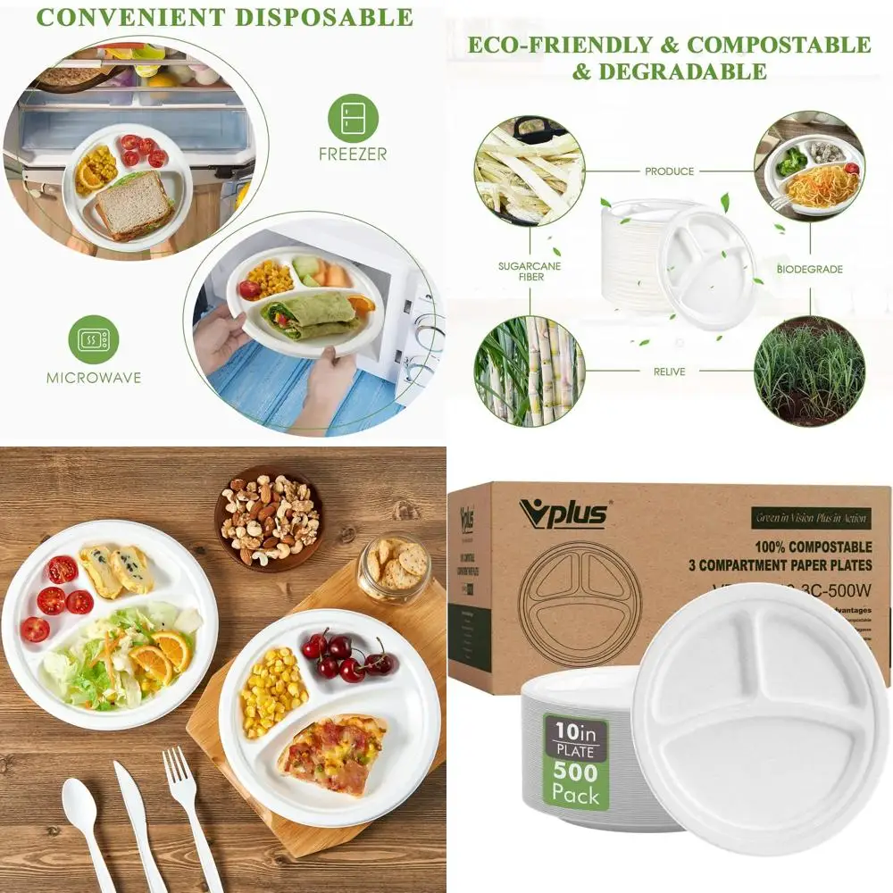 

500 Pack 10 Inch 3-Section Compostable Paper Plates, Heavy Duty Biodegradable, Sugar Cane Fiber, Ideal for Daily Use and Events