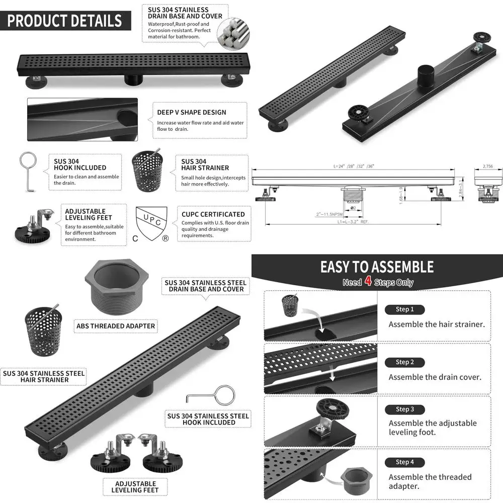 

28 Rectangular Linear Shower Drain, Black Matte SUS-304 Stainless Steel, 51L/min Drainage, CUPC Certified SD-112-28B