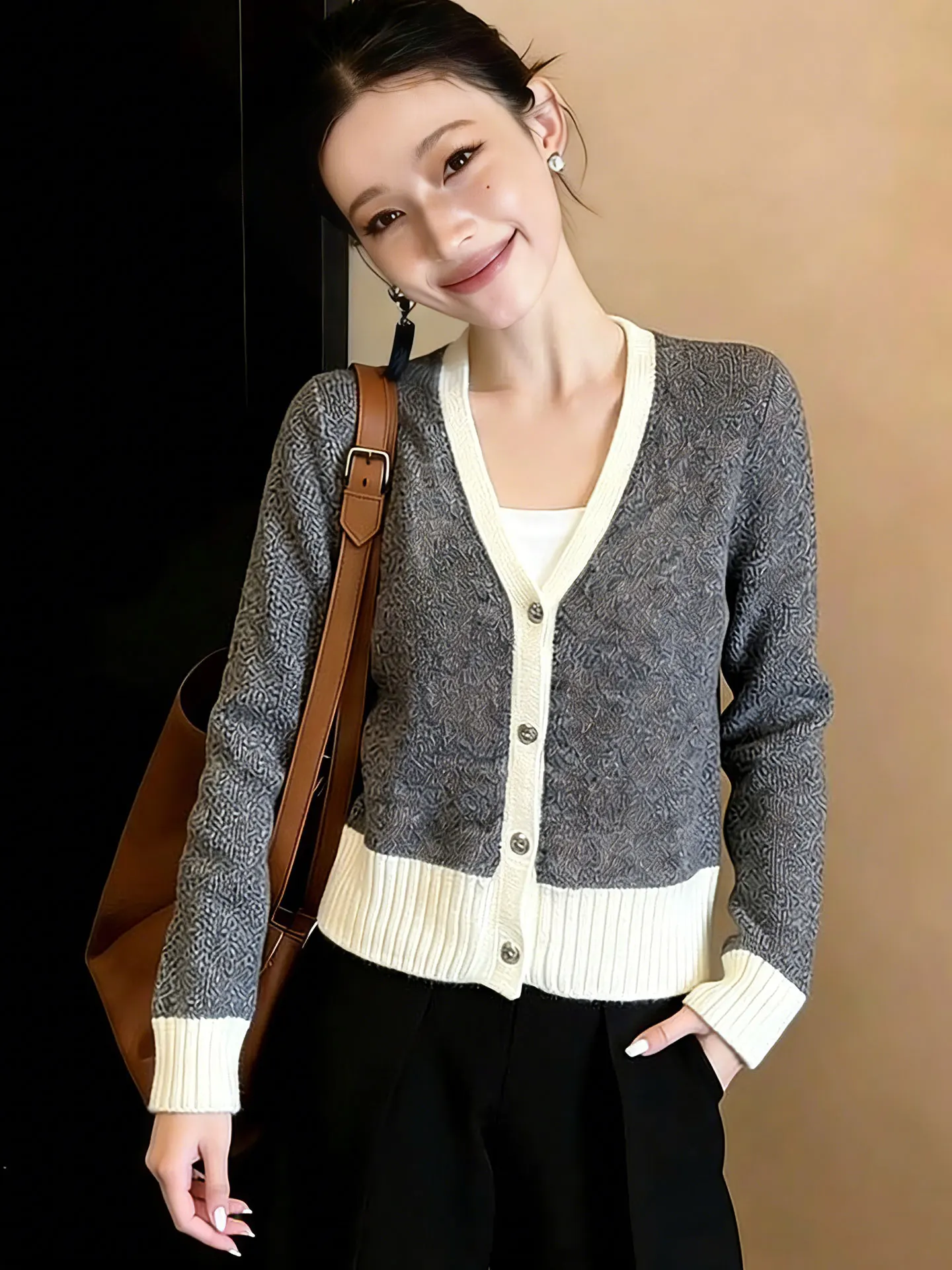 

Ele V-Ne Long Sve Knitwear Comfortable Casual Single Button Spring Faion Top Quali Korean Sle Straight Cut Silk