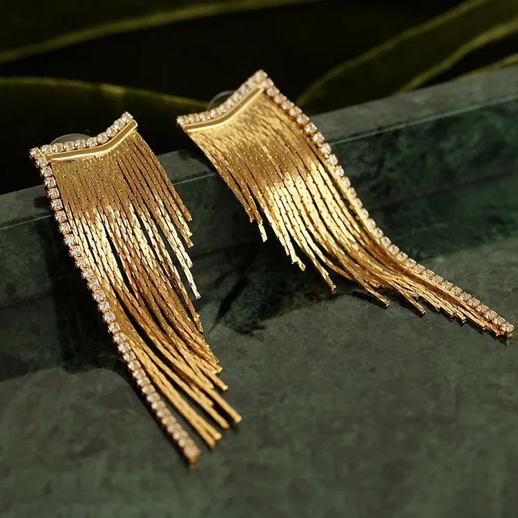 

Brass With 18K Gold AAA Zircon Long Tassel Earrings Women Jewelry Party Boho T Show Gown Runway Party Rare Korean Japan Trendy