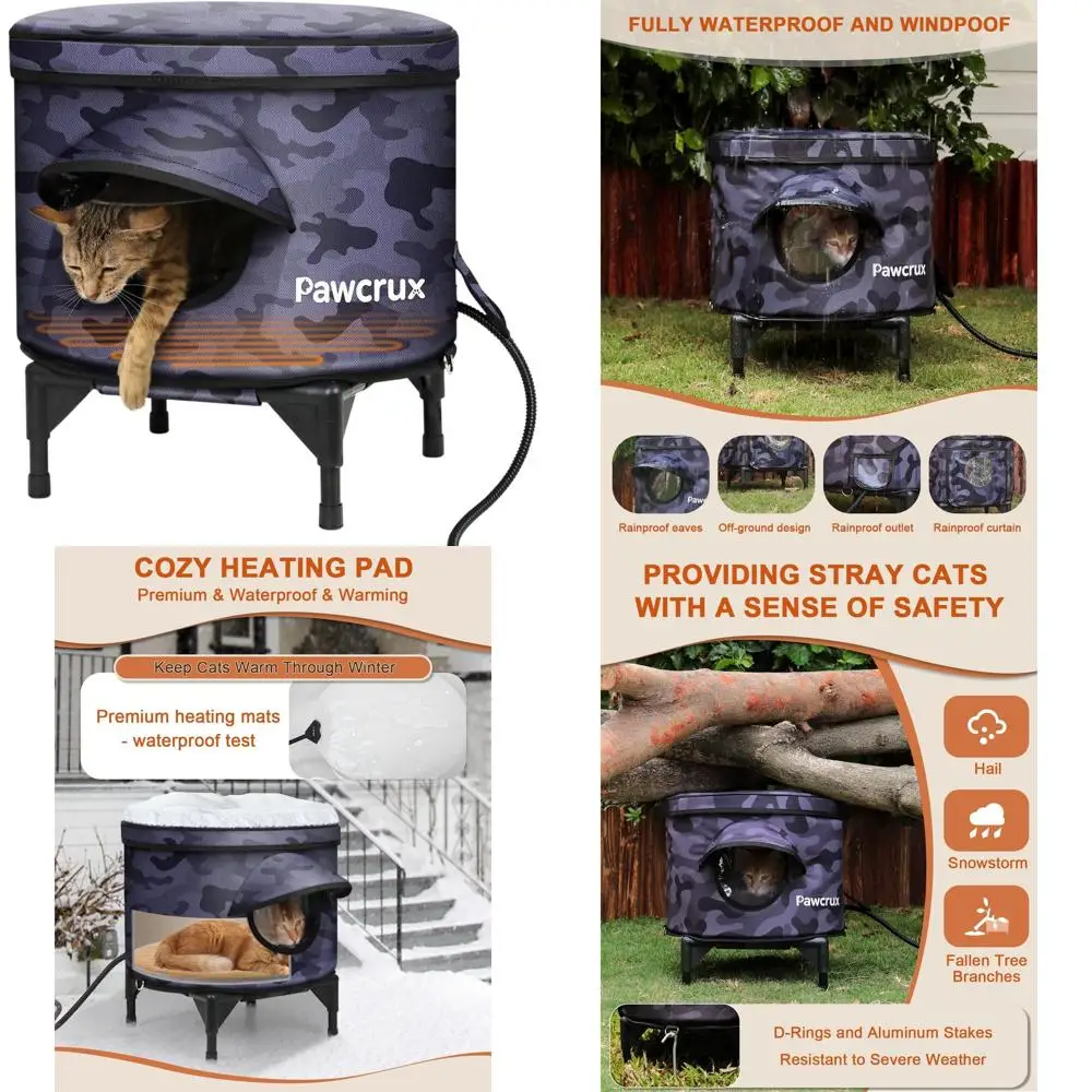 

Winter Outdoor Heated Cat Shelter, Metal Frame with Insulated Pad, Safe Entry, Weatherproof for Stray Cats (16.9x16.9, Black Cam