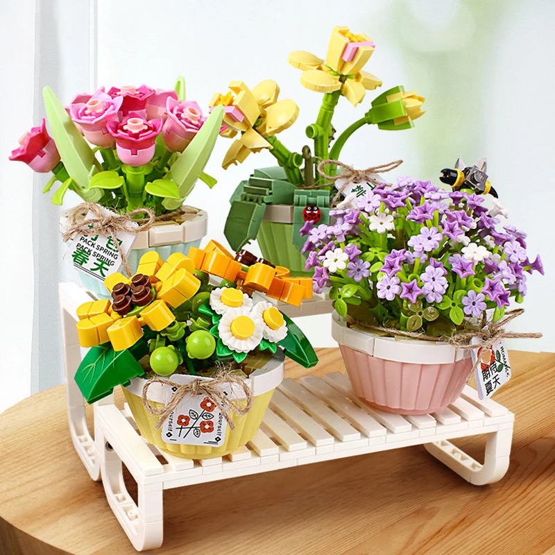 DIY Romantic Flowers Room Decorators Aesthetic Toys for Girls Girlfriend House Building Blocks Classic Model Mini Bricks Sets