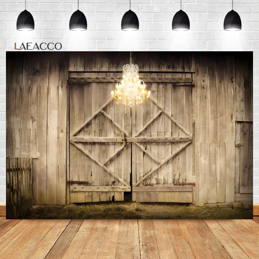 Laeacco Rustic Barn Wooden Barn Doors Backdrop Hay Lights Rural Farm Theme Party Kids Adults Portrait Photography Backgrounds