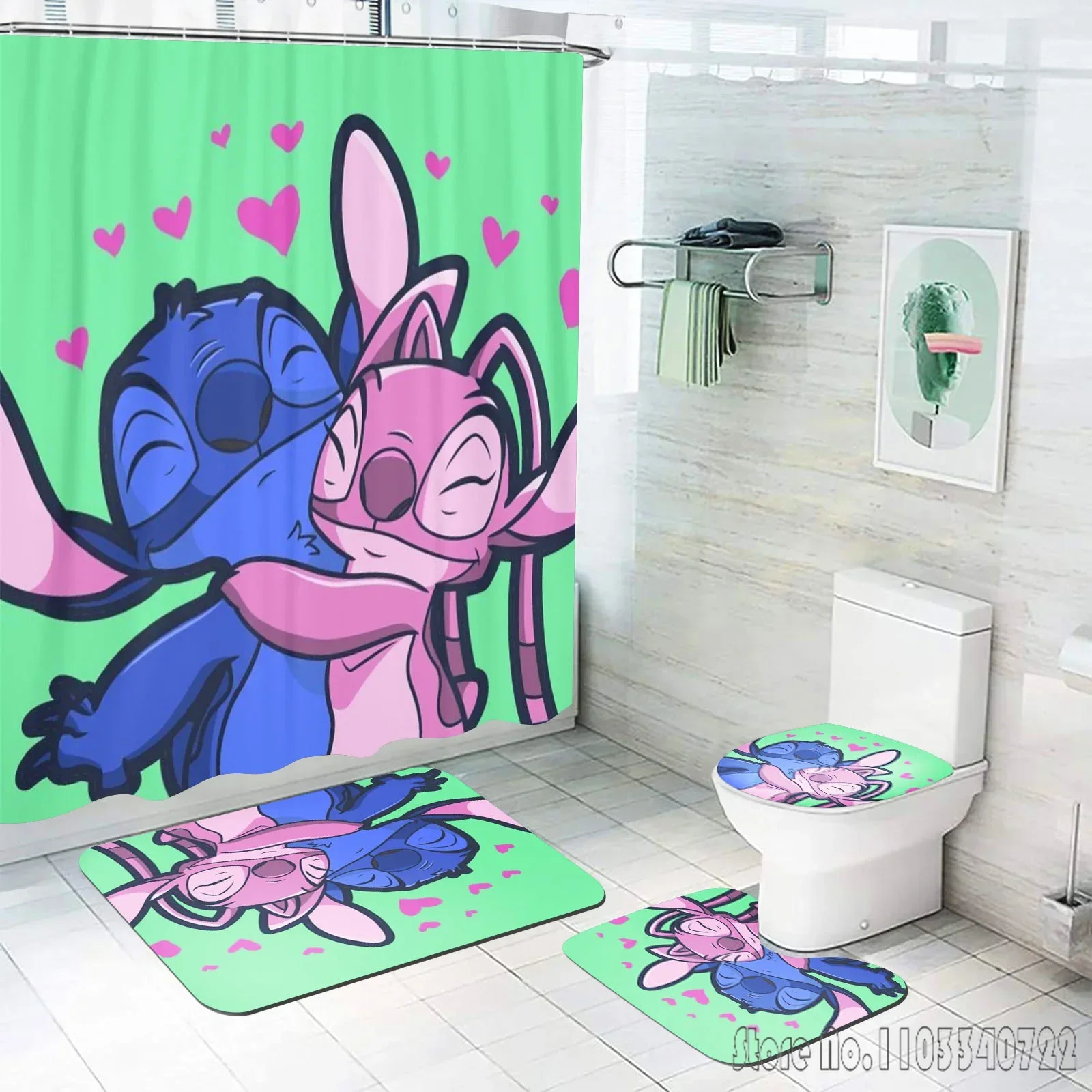 Stitch Bathroom Accessories 4 Piece Set Mats And Shower Curtain  Curtains Sets Luxury Waterproof Anime Home 100% Polyester