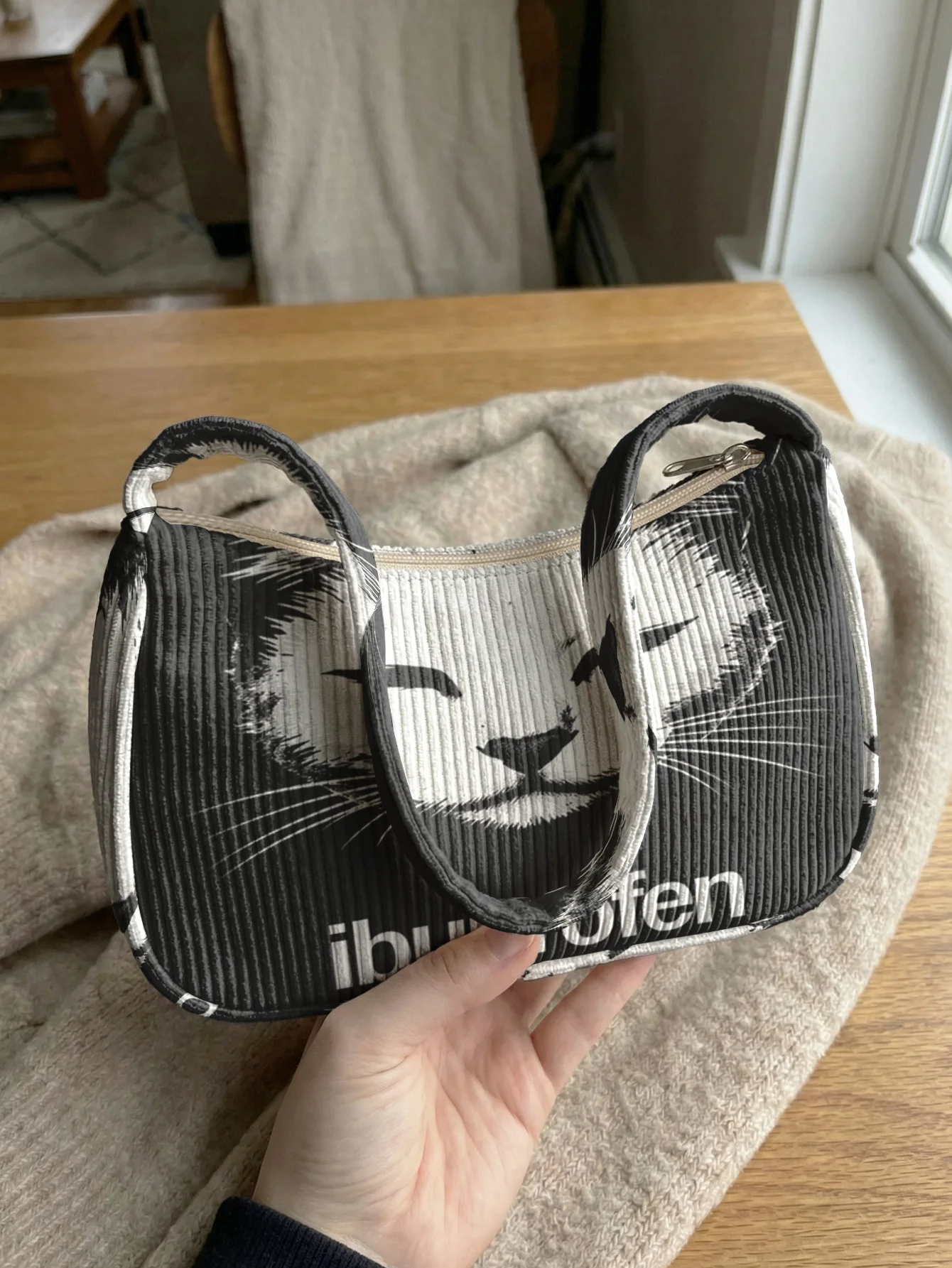 Trendy Cat Ibuprofen Print Shoulder Bag, Corduroy Underarm Bag for Daily Casual Use