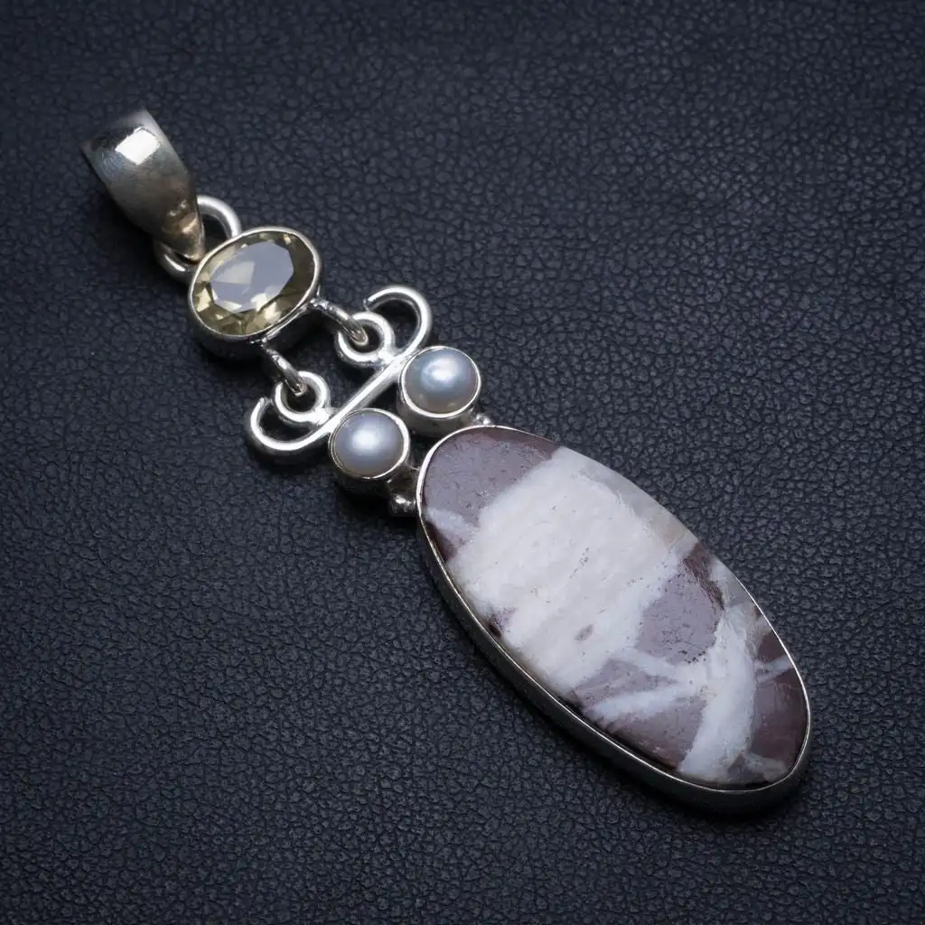 StarGems Cobra Jasper,River Pearl and Citrine Handmade Indian 925 Sterling Silver Pendant 2 1/4