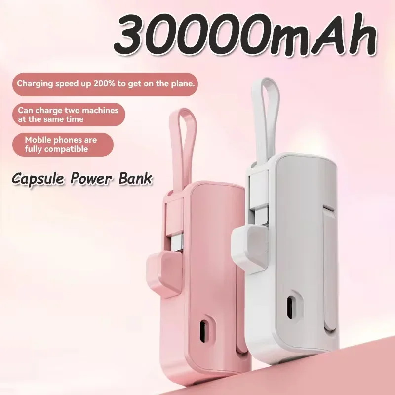 Mini Capsule Power Bank 30000mAh Fast Charging Built in Cable With Bracket Portable External Battery For Type-c iPhone Xiaomi