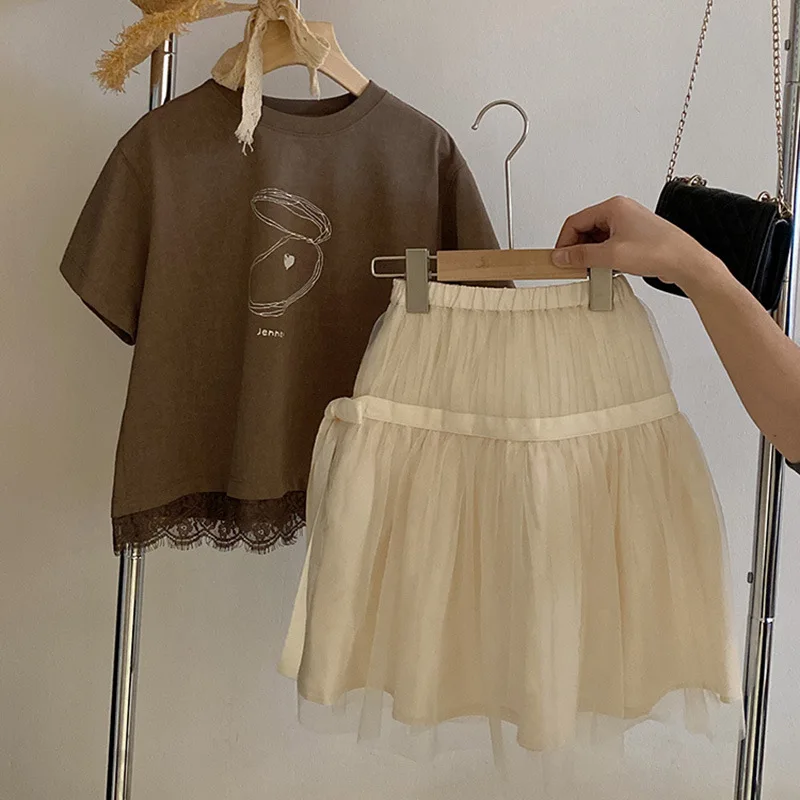 Korean Girls T-shirt Lace Spliced Bow Knot Fashion Skirt Casual Simple Loose Sweet Active Vintage Cute Princess Solid Brief