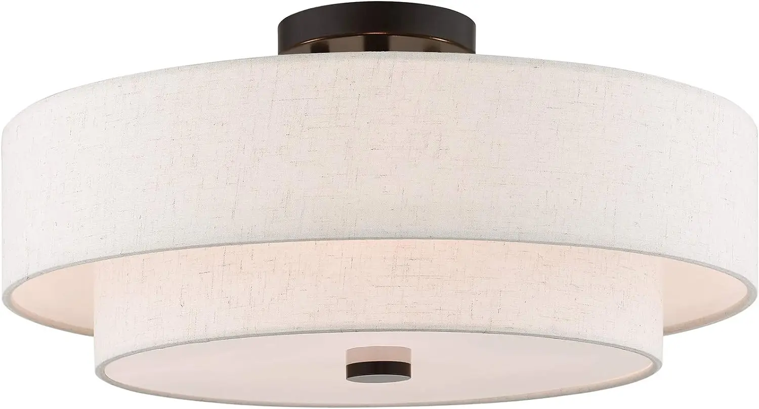 Livex Lighting 51085-92 4-lichts semi-inbouw plafondarmatuur met havermoutkleurige stof, hardback trommelkap en satijnwit