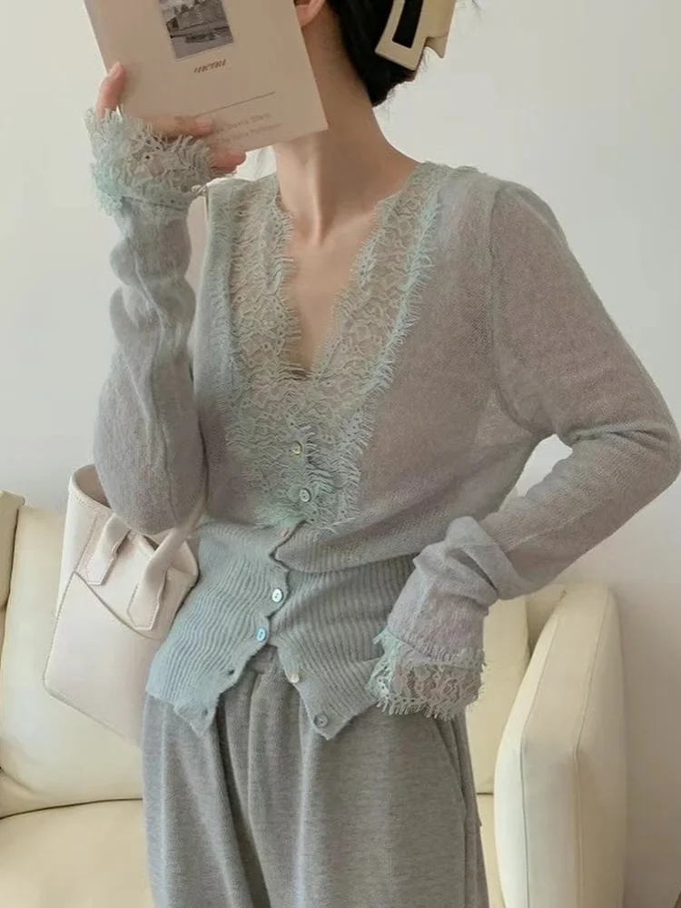 

Slim Thin Sweater Lady Daily Commute Street Cardigans Elegant Lace Patchwork Kintted Cardigan Women Chic V-neck Single Breasted