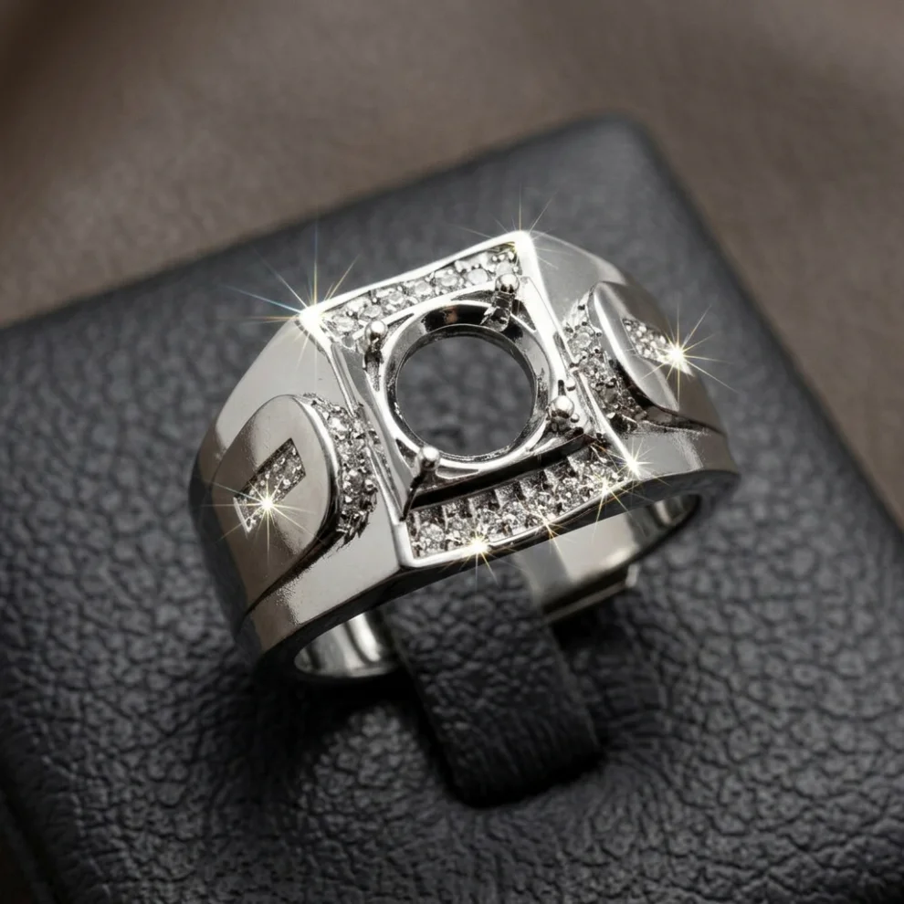 Classic Men's Signet Semi Mount Ring Blank Brass Plated Silver Fits 6.5mm Gemstone DIY Jewelry Finding