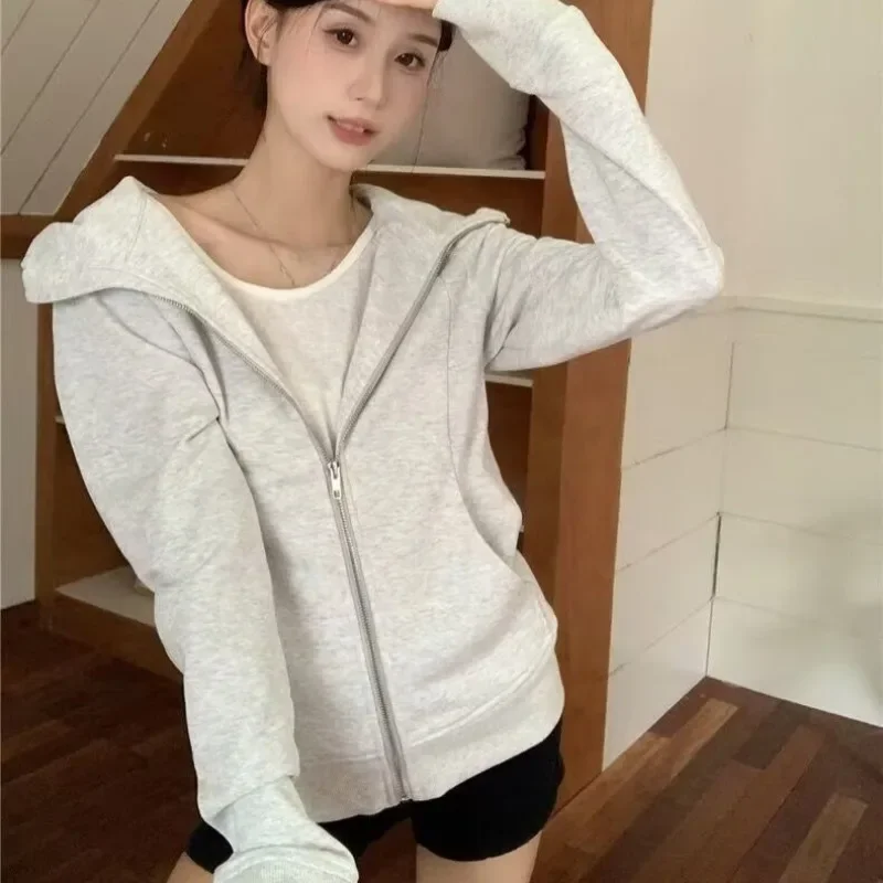 Hooded Jackets for Women Long Sleeve All-match Young Girls Spring Autumn Clothing Fashion Korean Style Ins Solid Zipper Slim