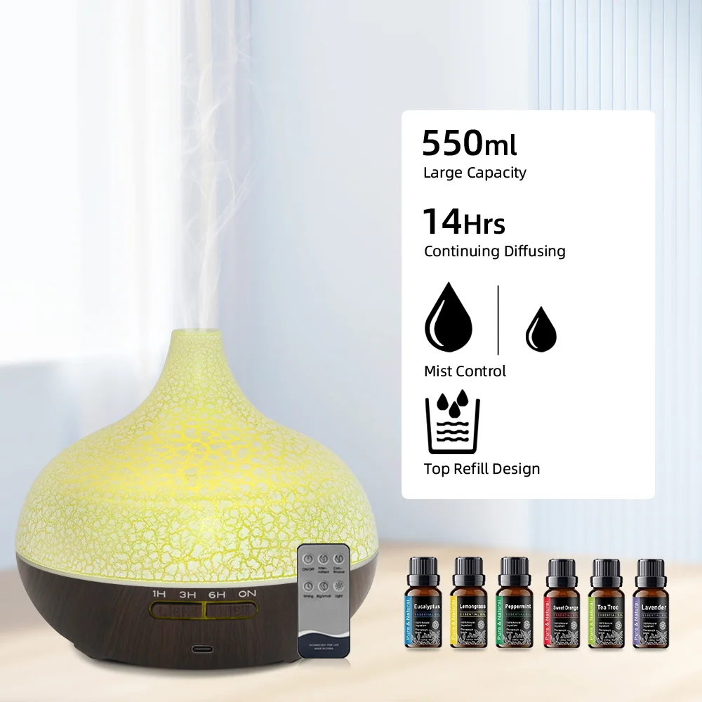 550ML Ultrasonic Essential Oil Diffuser Crack Design Aromatherapy Humidifier with 7 Color LED Lights for Home, Bedroom, Office