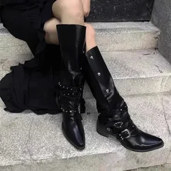 Woman Black Punk Knee High Platform Low Heel Trend Punk Gothic New Rock Leather Fashion Women Chunky Knight Motorcycle Footwear