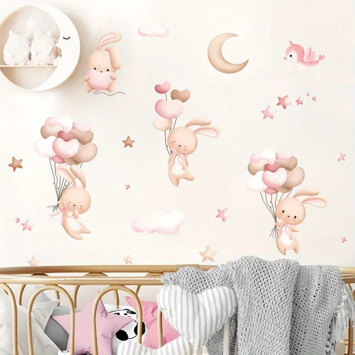 Cute Bunny Balloon Cartoon Kids Room Wall Sticker PVC Waterproof Self Adhesive Decals Daycare Tenant Background Art Peel Stick