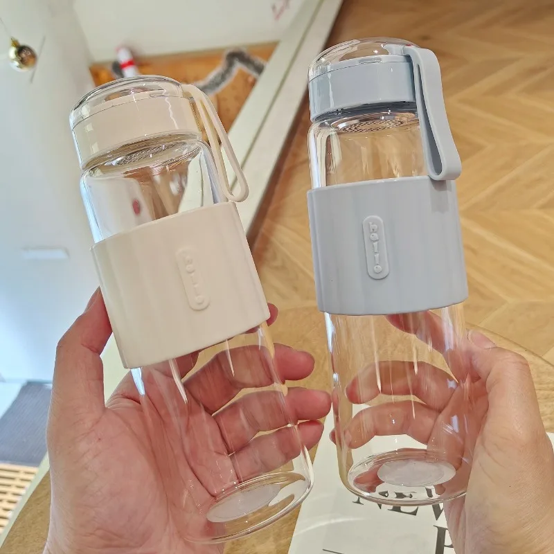 

480ML Portable Cute Heat Resistant Glass Bottle for Drink Cold Water Juice Tea with Screw Lid Filter Net Easy To Carry