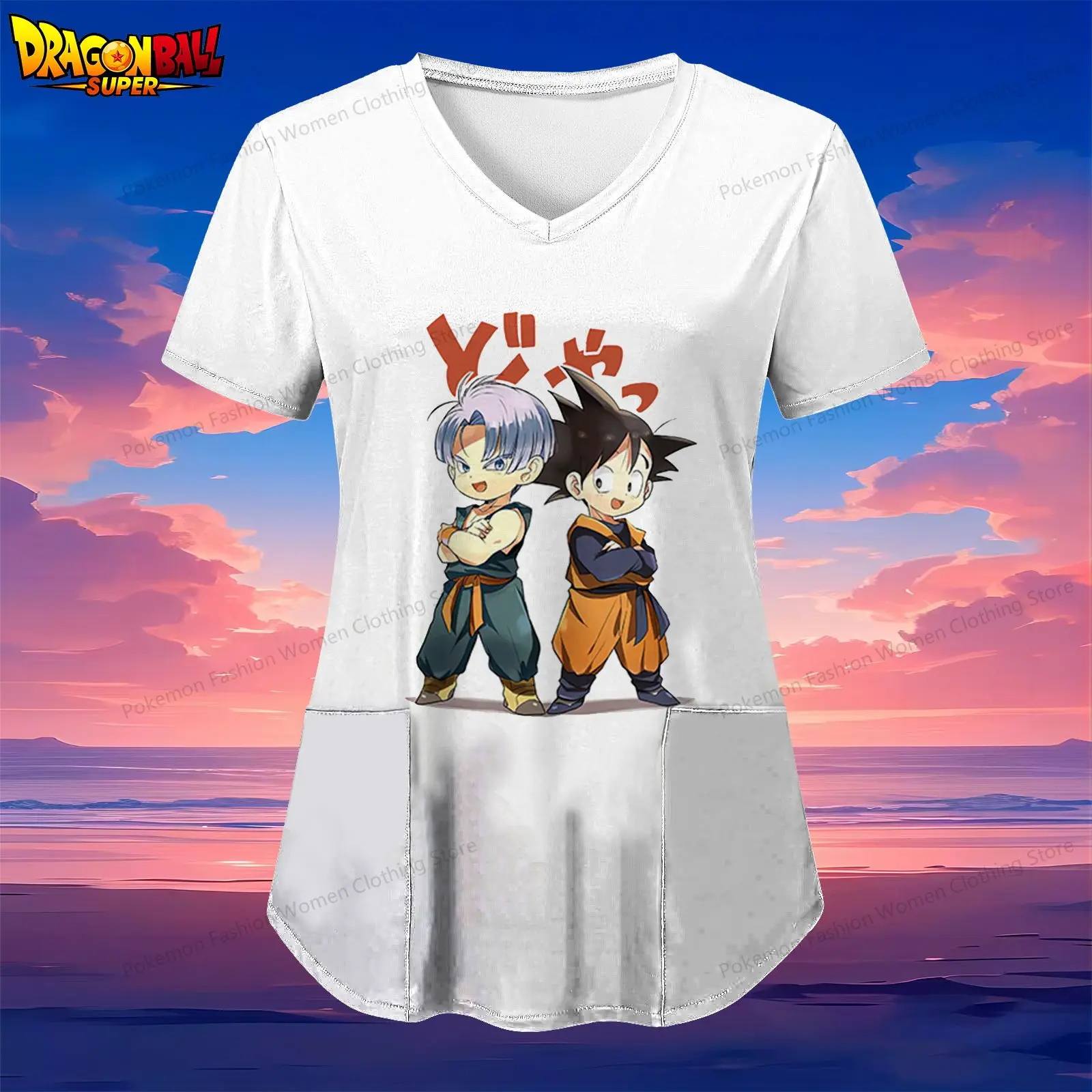 

Women's V Neck Nurse Uniform T-Shirt Pocket Kakarotto Dragon Ball S-2XL Woman Clothing Y2k Summer Anime Kawaii Top Street Wear