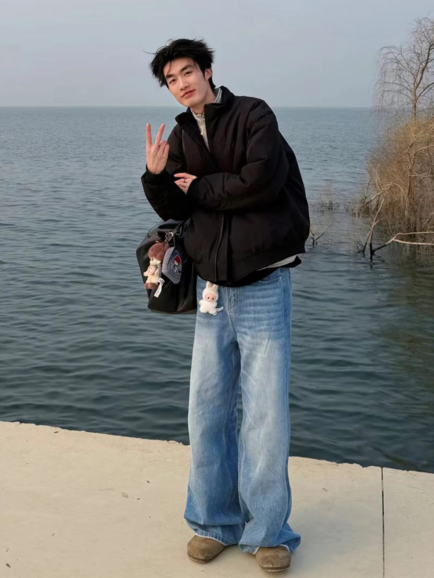 

Blue Waed Mustache Pattern Men's Jeans Spring Autumn American High Street Vibe Loose Fit Straight Leg CleanFit Sle