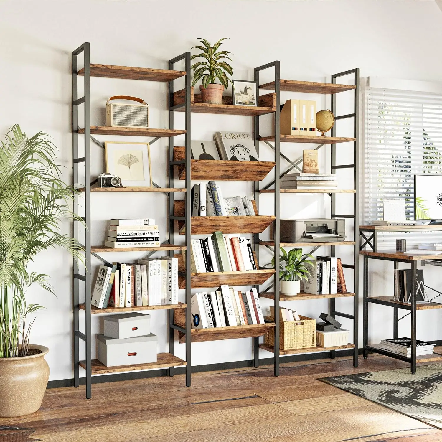 Triple Wide 6 Tier Bookshelf 72 8 Industrial Large Etagere 17 Shelves Angled Center MDF Iron Frame 33 Lb Per Shelf Anti Tip
