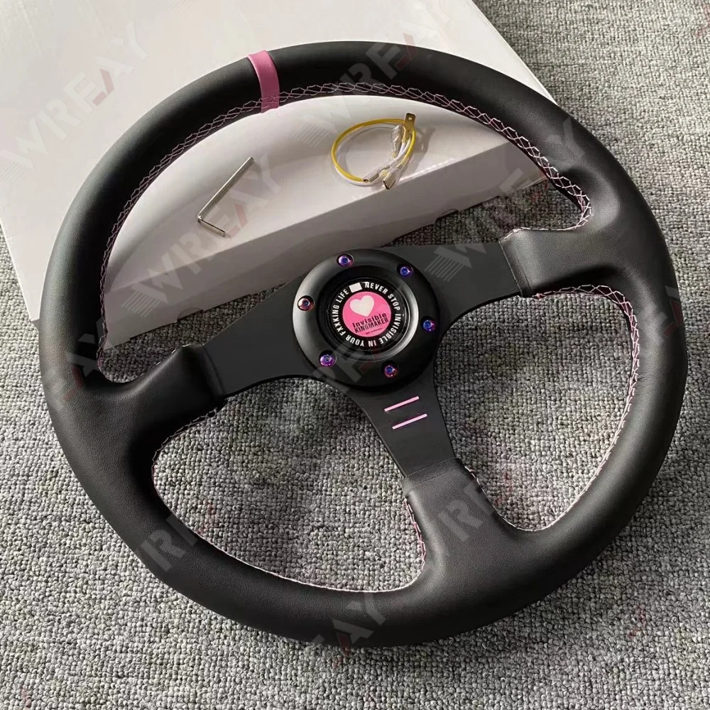 Pink Horn Car Steering wheel Leather Car Tuning Racing Steering Wheel Car Accessories 13/14inch