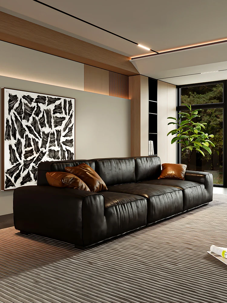 

All leather sofa living room simple modern large apartment first layer cowhide Italian minimalist straight row sofa black sofa
