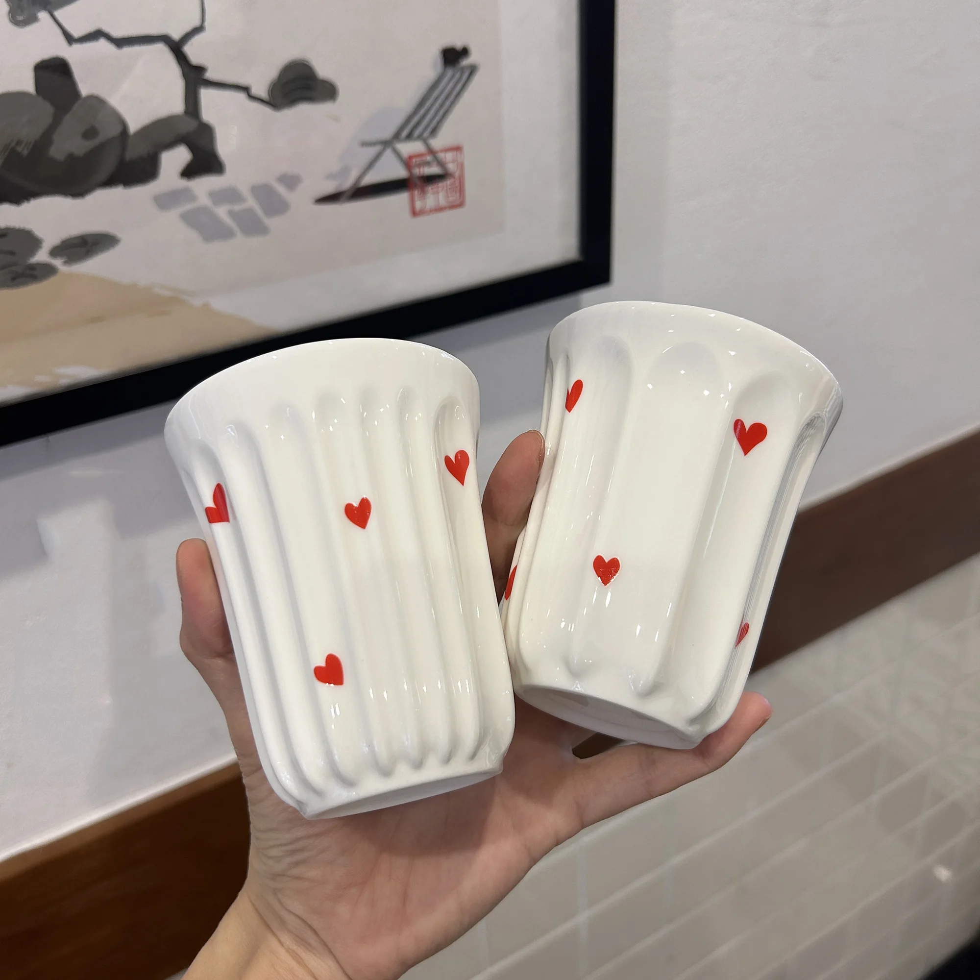 Korean Style Heart Ceramic Cup 2025 New Household 300ml Overglaze Color White Coffee Mugs Aesthetic Stripe Cute Dessert Cup
