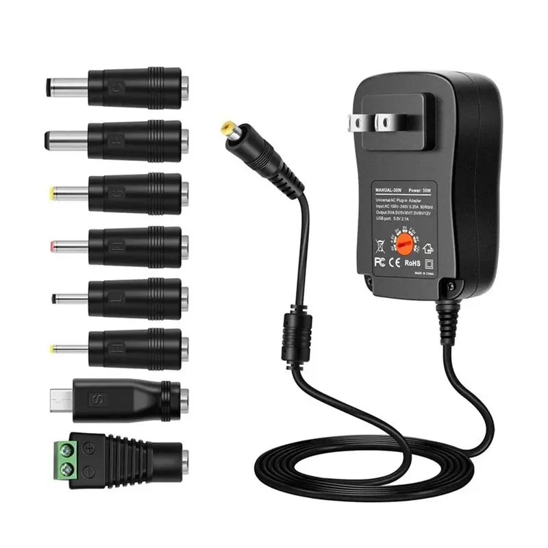AEE8-DC 3V 4.5V 5V 6V 7.5V 9V 12V 30W Adapter US Adjustable Power Adapters USB 2.1A Universal Charger Switch Power Supply
