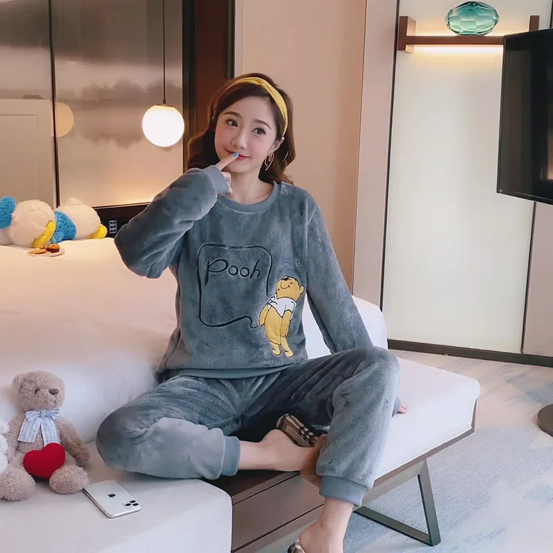 Flannel Pajamas Women Round Neck Suit Thickened Warm Cartoon Bear School Homewear Long-Sleeved Trousers Can Be Worn Outside Xl