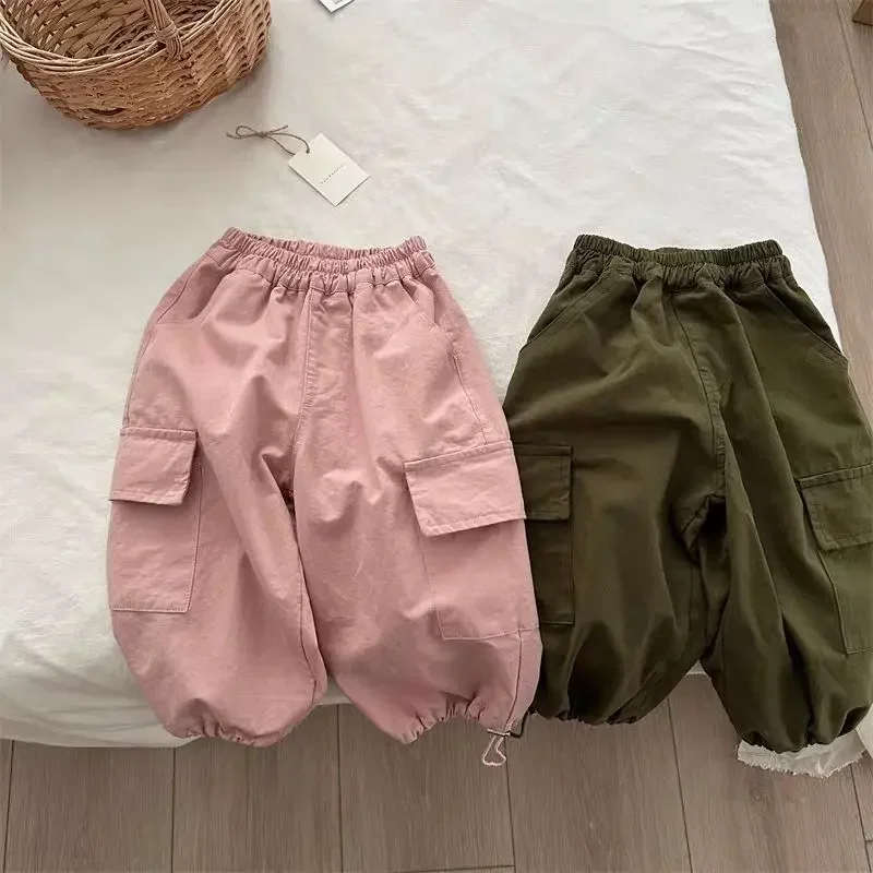 

Children Pants Autumn 2025 New Fashion Tooling Pocket Boy's Pants Solid Color Casual Girl's Cotton Foot Pants Trousers