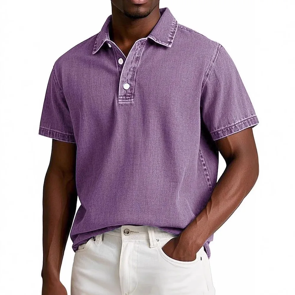 New Men's Fashion Solid Color Retro Short-sleeved Lapel Polo Shirt