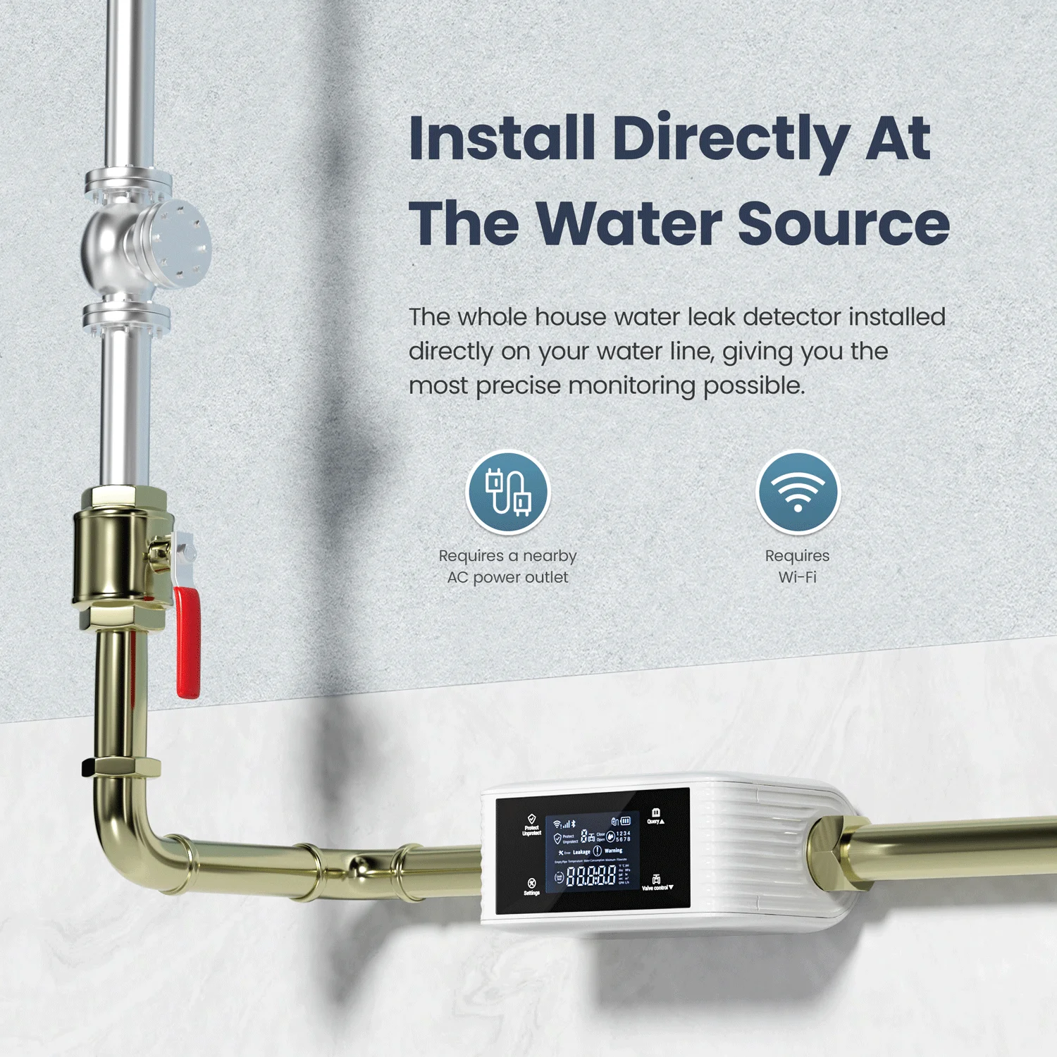 Easy Installation Water Monitor Auto Shutoff LCD Clear Screen WiFi Mobile App Monitoring Water Dripping Leak Detection