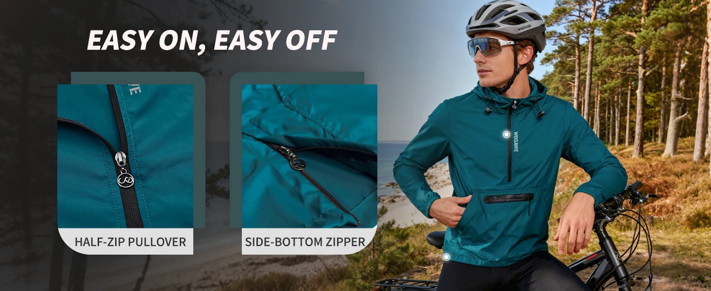 WOSAWE Frühlings-Herren-Fahrrad-Windjacke, wasserabweisend, halber Reißverschluss, Pullover, verstaubar, winddicht, mit Kapuze, Fahrradjacke – Detail 4