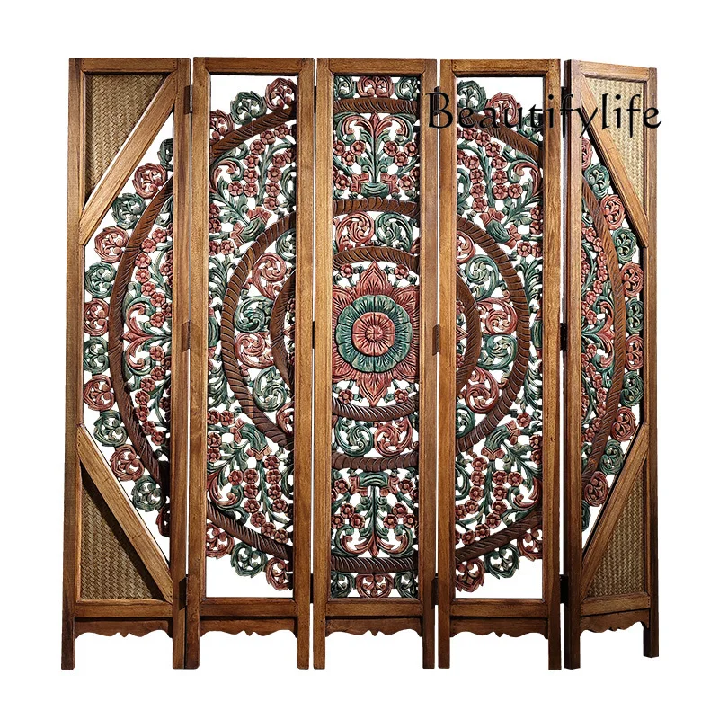 New Chinese solid wood carving flower screen partition South East Asia retro hollow folding screen