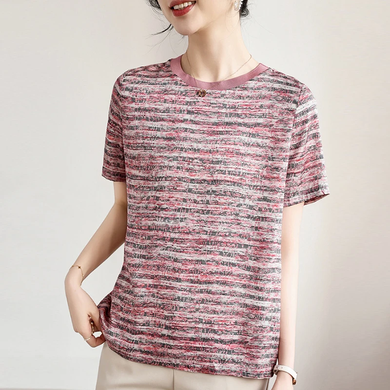 

Женская блузка из натурального шелка с полосатым принтом, лето 2026, с круглым вырезом, короткий рукав, элегантная рубашка-блузка для женщин, повседневный топ