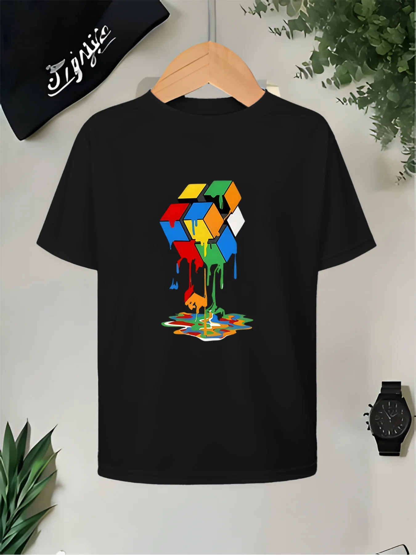 New Children's Creative Melting Magic Cube Pattern T-shirt Comfortable Children's Daily Short Sleeve Casual Parent Child Top