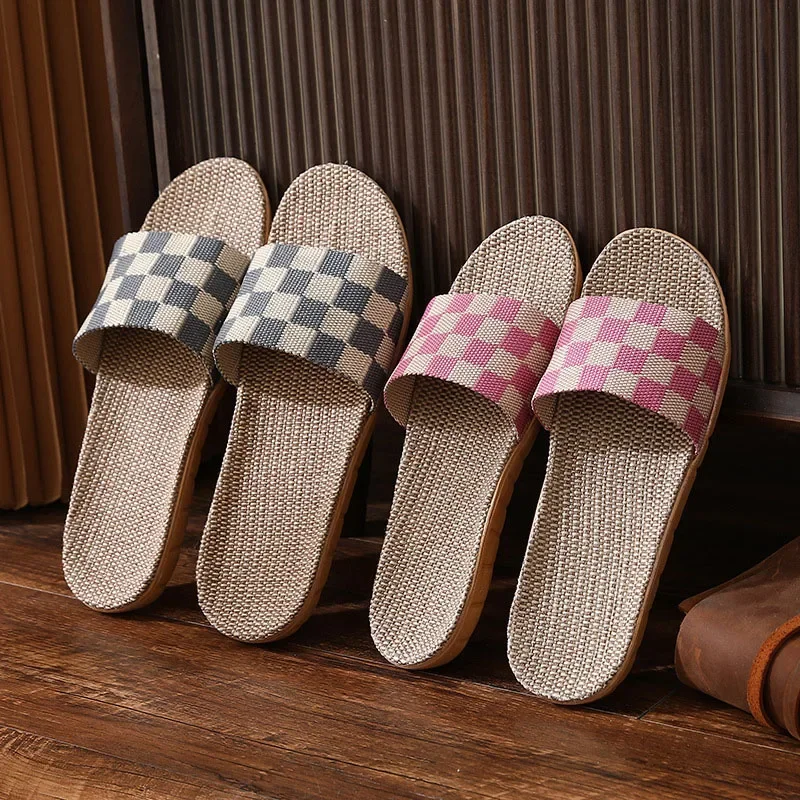 New Checkerboard Linen Slippers Women 2022 Summer Indoor Home Shoes Household Non-slip Couple Four Seasons Men\'s Sandals Y